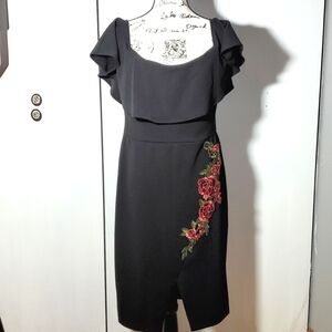 Bisou Bisou |  Black Midi Dress Cape Style Floral Accent Evening Careerwear Sz12